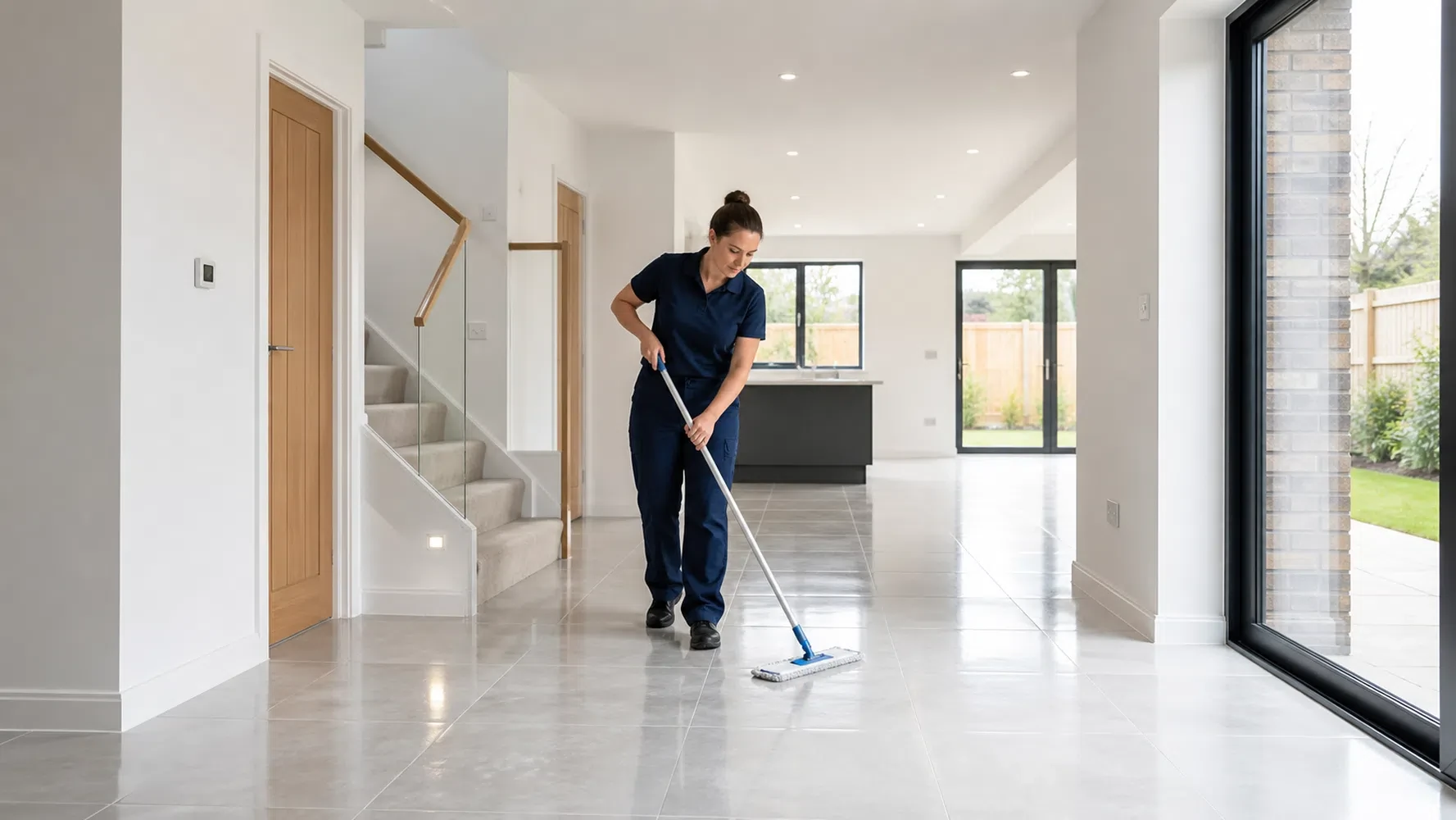 Cleaner mopping the floor during a builders clean in a newly built property