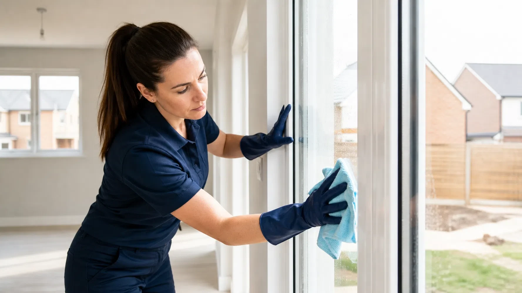 Cleaner wiping glass and window frames during a post-construction clean