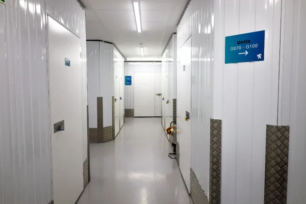 Clean self-storage corridor maintained by Total Care Cleaning for Hills Self Storage