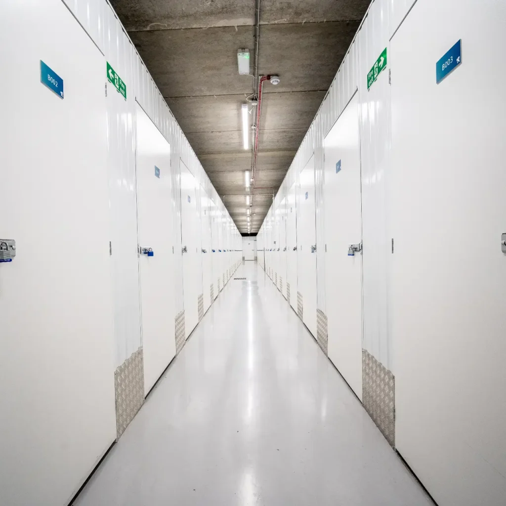 Clean self-storage corridor maintained by Total Care Cleaning for Hills Self Storage