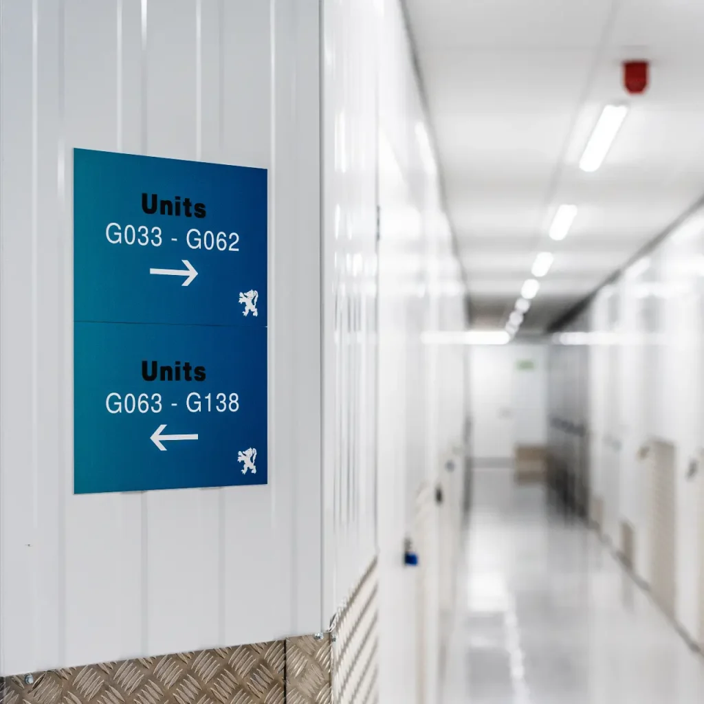 Clean self-storage corridor maintained by Total Care Cleaning for Hills Self Storage